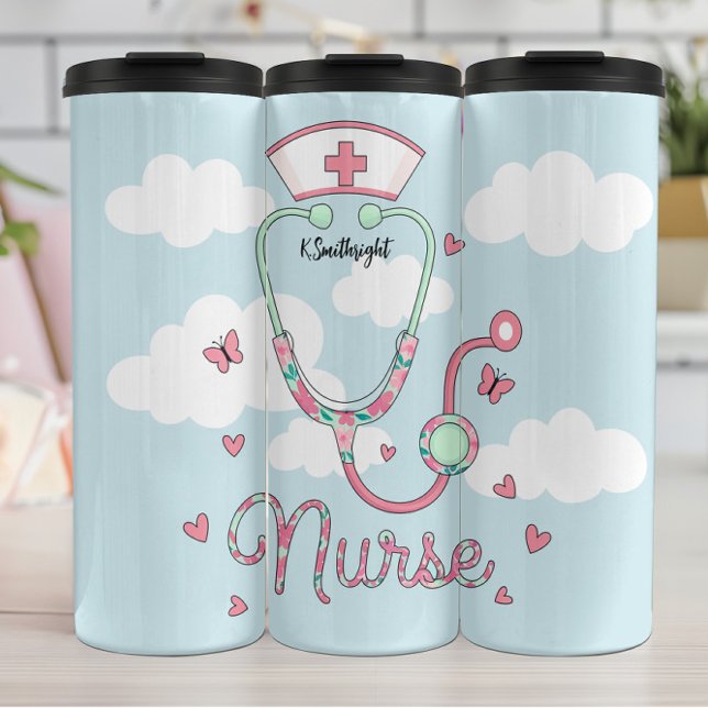 Garrafa Térmica Whimsical Nurse Stethoscope Butterfly Clouds (Criador carregado)
