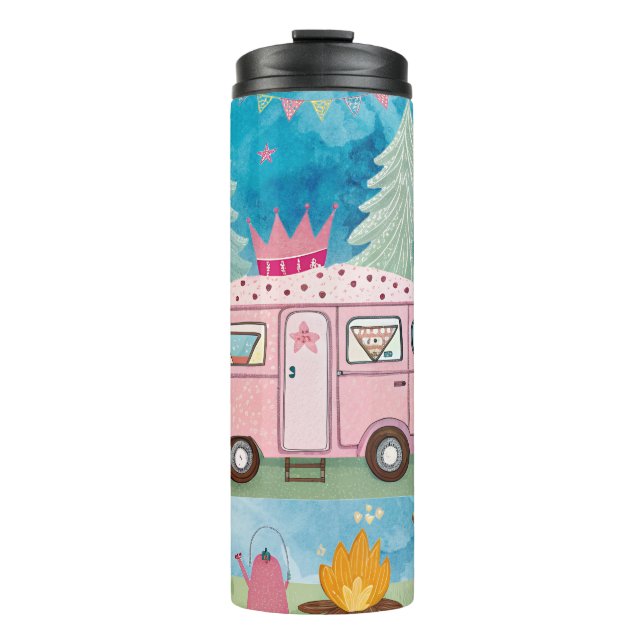 Garrafa Térmica Whimsical Pink Camper Van Camping Scene (Frente)