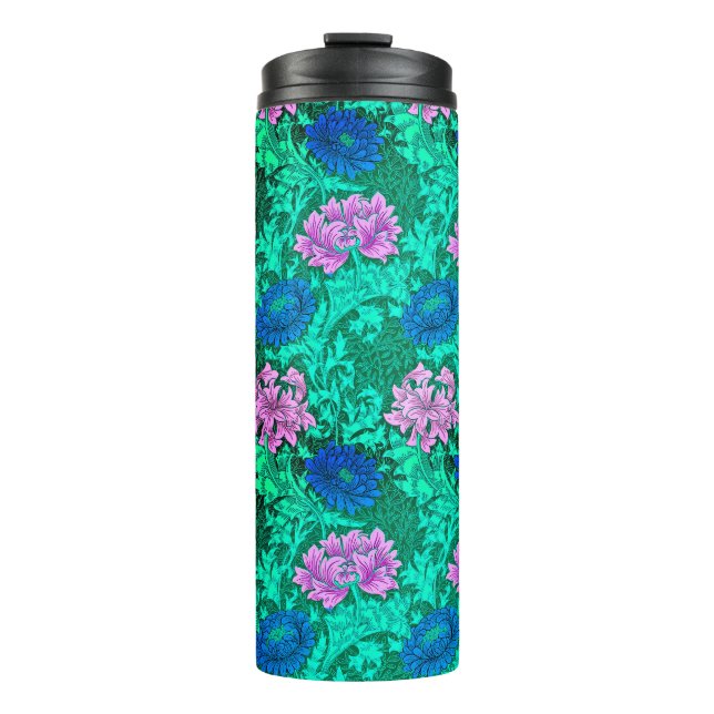 Garrafa Térmica William Morris Chrysanthemums, Aqua e Violet (Frente)