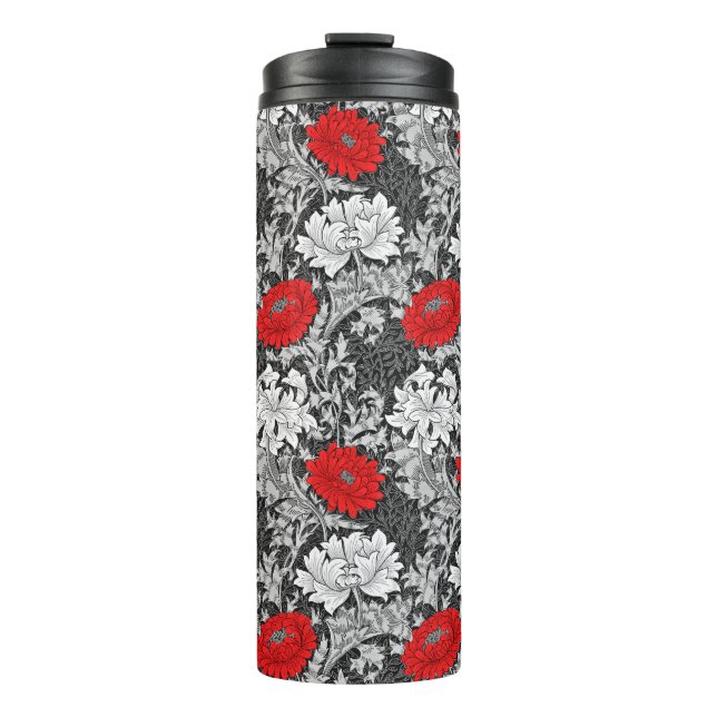 Garrafa Térmica William Morris Chrysanthemums, Cinzas e Vermelho (Frente)