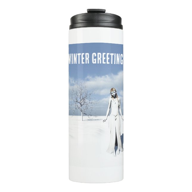 Garrafa Térmica Winter Greetings. Female elf walking in the snow  (Frente)