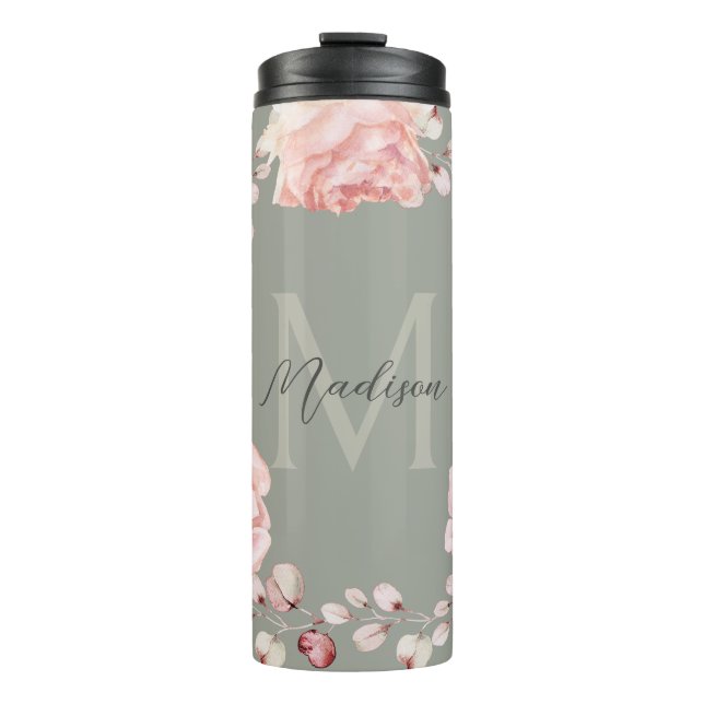Garrafa Térmica Wreath Rosa de Aquarela Personalizada | Sage Green (Frente)
