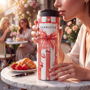 Garrafa Térmica Xadrez de Morango Laço Vermelho Listra Aquarela