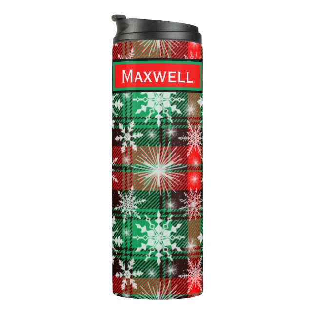 Garrafa Térmica Xadrez E Flocos De Neve Padrão De Natal 1 Com Nome (Rotação à direita)