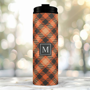 Garrafa Térmica Xadrez Escocês Laranja Preto de Outono com Monogra