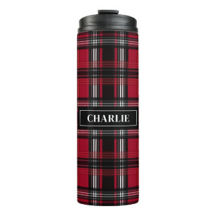 Garrafa Térmica Xadrez Escocês Vermelho e Preto com Nome Personali