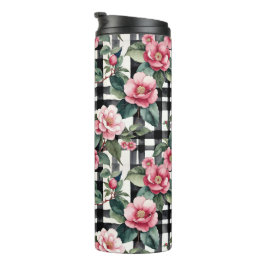 Garrafa Térmica Xadrez Preta e Branca com Camellias Rosa Folha