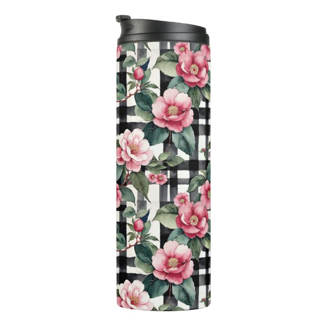 Garrafa Térmica Xadrez Preta e Branca com Camellias Rosa Folha (Rotação à direita)