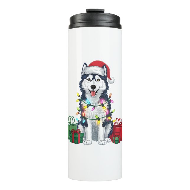 Garrafa Térmica Xmas Lighting Santa Hat Alaskan Rouco Dog Christma (Frente)