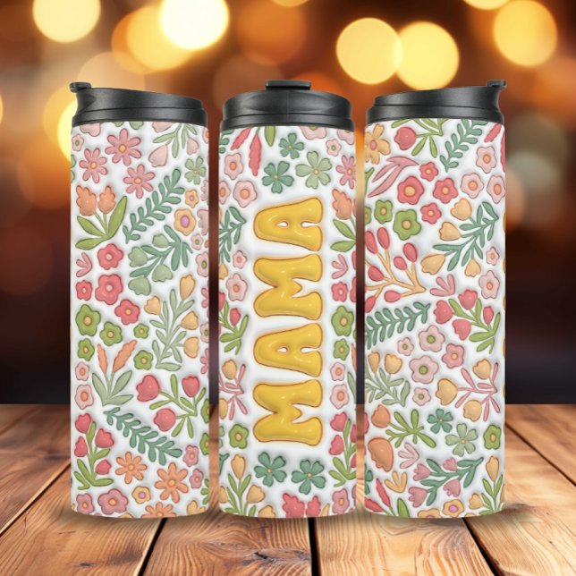 Garrafa Térmica Yellow Boho Floral 3D Mama (3D Inflated Yellow Boho Flowers Mama Thermal Tumbler)