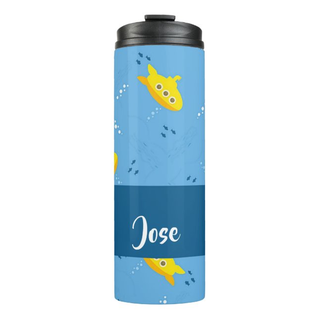 Garrafa Térmica Yellow submarine and fish on blue (Frente)