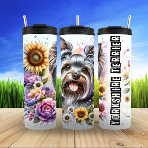 Garrafa Térmica Yorkshire Terrier com Sunflower e Blossoms