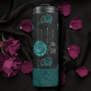 Garrafa Térmica Zodiac Magic Rosas de crânio Gótico, verde-escur