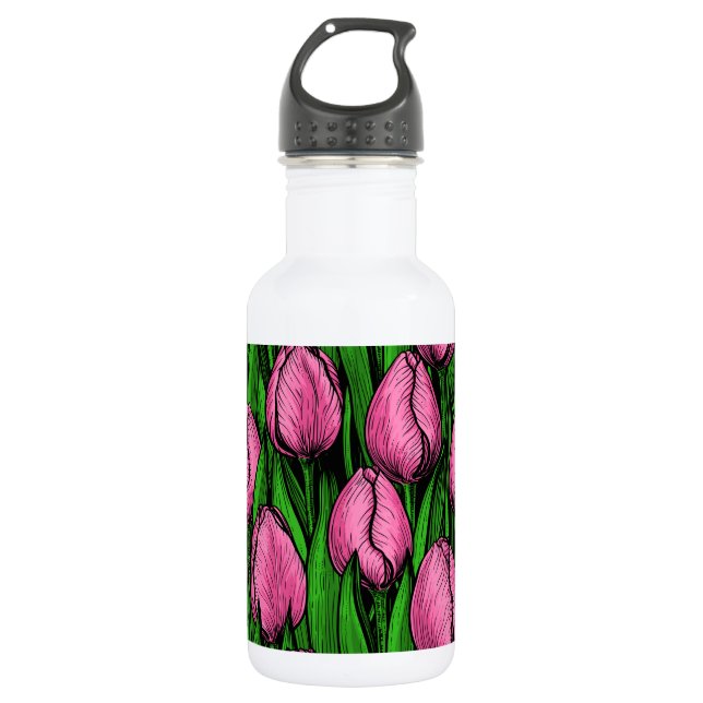 Garrafa Tulipas cor-de-rosa com folhas verdes (Frente)