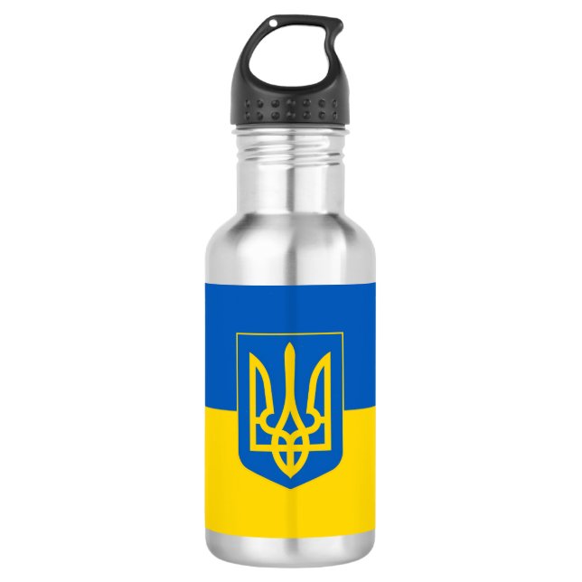 Garrafa Ukrainian flag. Coat of Arms. We support Ukraine.  (Frente)