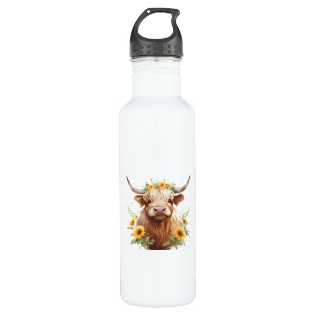 Garrafa Vaca Highland com Flor Amarelo de Girassol (Frente)