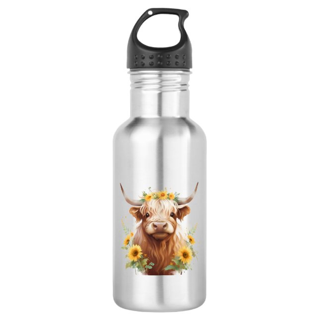 Garrafa Vaca Highland com Flor Amarelo de Girassol (Frente)