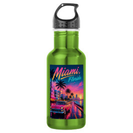 Garrafa Viagem Miami Flórida Retro Neon Pôr do Sol