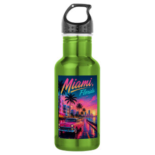 Garrafa Viagem Miami Flórida Retro Neon Pôr do Sol