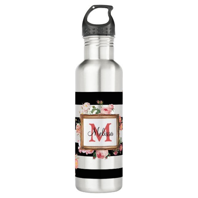 Garrafa Vintage Floral e Stripes Monograma Antiquado (Frente)