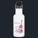 Garrafa Violino, Calçados Balés, Flores e Borboletas<br><div class="desc">Garrafa de água personalizada com uma design feminina macia. Ilustrada com uma imagem de aquarela de um violino de madeira,  alguns balés cor-de-rosa descansando contra ele e decorados com flores e borboletas.</div>