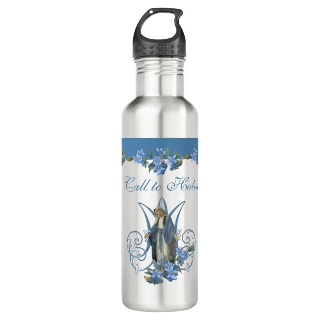 Garrafa Virgem Religiosa Mary Flor Azul 24 oz. (Frente)