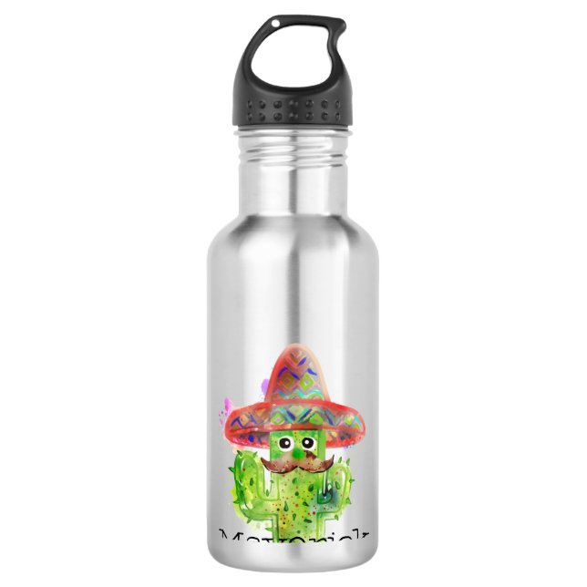 Garrafa Watercolor Cactus Funny Mustache NOME Fiesta (Frente)