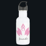 Garrafa Yoga, Pink Lotus, silhueta, escrita moderna,<br><div class="desc">Uma imagem de flor de lótus com uma silhueta de yoga. Personalize com o nome dela.</div>