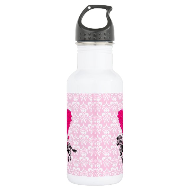 Garrafa zebra venenosa e coração cor-de-rosa no damask (Frente)
