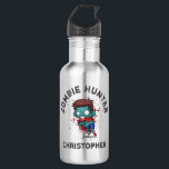 Garrafa Zombie Hunter com Splatter Legal<br><div class="desc">Uma garrafa de água macabra personalizada com um zumbi legal, vestindo roupas rasgadas e esfarrapadas com braços estendidos à procura de brraaaaiinas. Olhos grandes vazios com uma pele podre de cor verde ansiosa. Sangue espalha atrás de sua cabeça. Texto diz caçador de zumbis, em letra curvada e também é personalizável...</div>