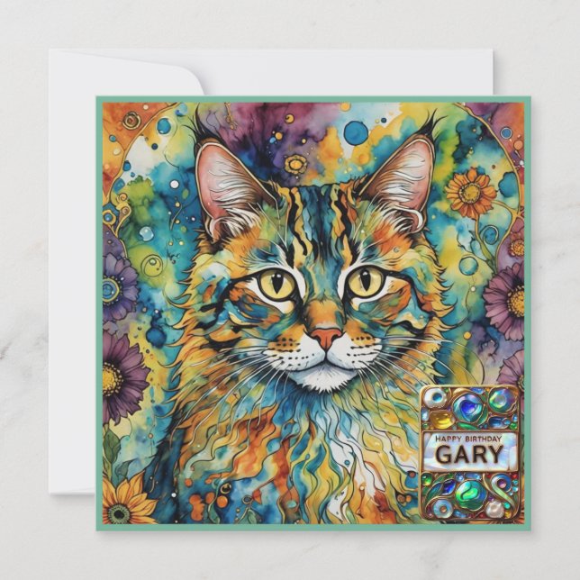 GARY ~ Cartão de Aniversário ~ Multicores De Gato  (Frente)