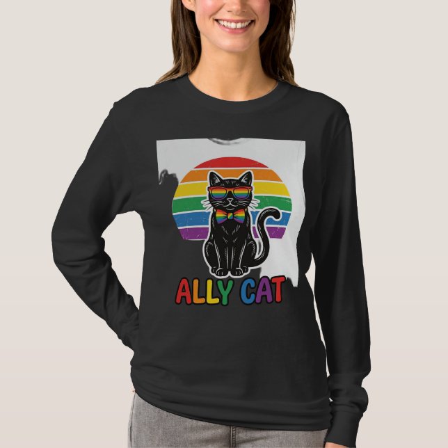 Gata Aliada Arco-Íris Orgulho Camisa de Gato Vinta (Frente)