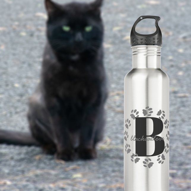 Gata De Gato Imprime Monograma Garrafa De Água (Add your initial and name to this pet paw print water bottle)