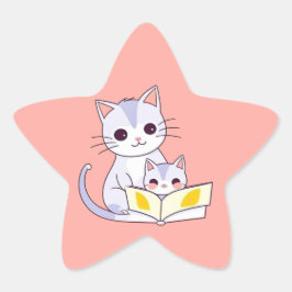 Gata Mãe Lendo para sua Gatinha Adesivo Estrela