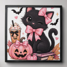 Gata Preta Coquete Fofa de Halloween com Laços Ros