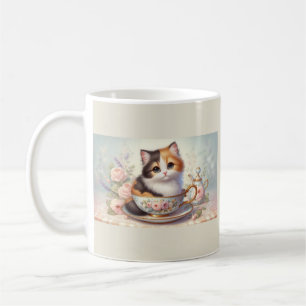 Gatinho Adorável em Xícara de Chá Floral Vintage