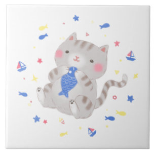 Gatinho bonito com peixe na ilustração de verão