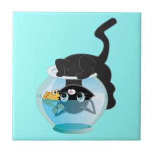 Gatinho bonito, peixes e bacia dos desenhos