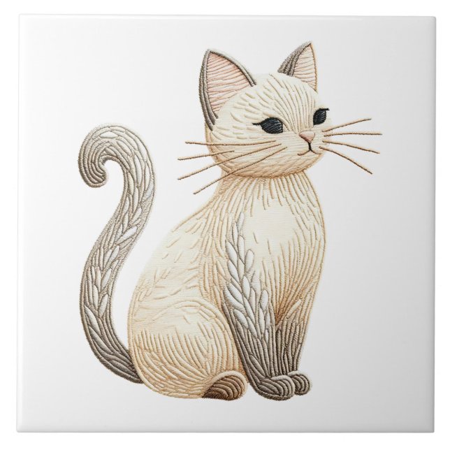 Gatinho Bordado Boho Gato Azulejo Cerâmico (Frente)