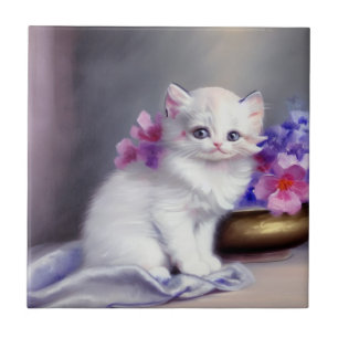 Gatinho Branco Vintage com Flores Rosa e Roxo