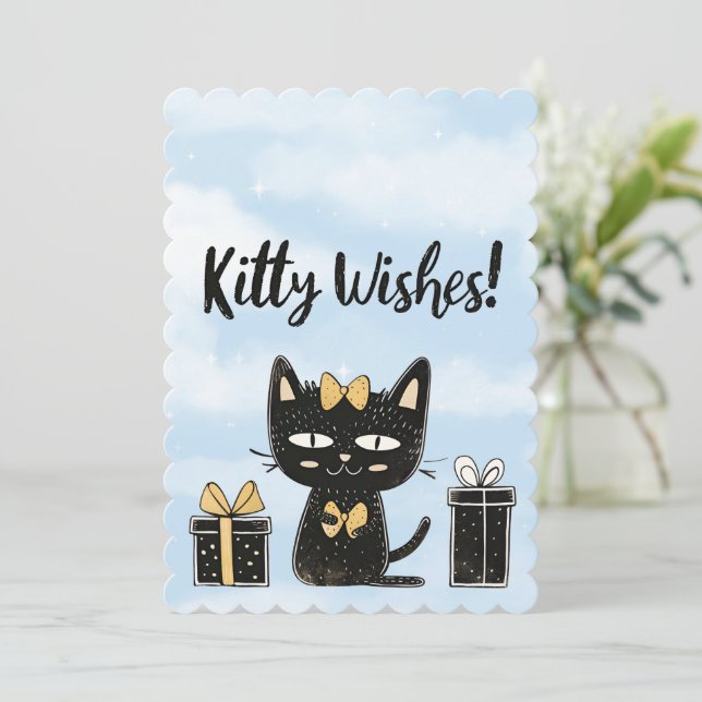 Gatinho de Aniversário de Gato Negro Deseja (Em pé/Frente)