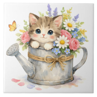 Gatinho de Aquarela dentro de Regador com Flores