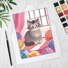 Gatinho de Bola de Fio | Cartão de Pintura em Aqua