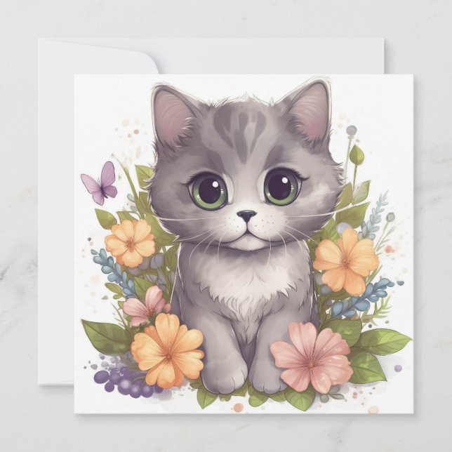 Gatinho de Cinzas bonitas com flores Kawaii Chibi (Frente)
