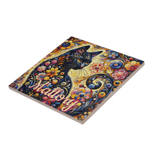 Gatinho de Gato Preto Floral Branco Personalizado