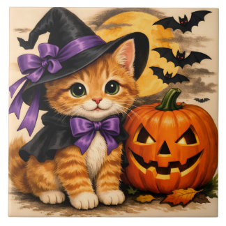 Gatinho de Halloween laranja com abóbora