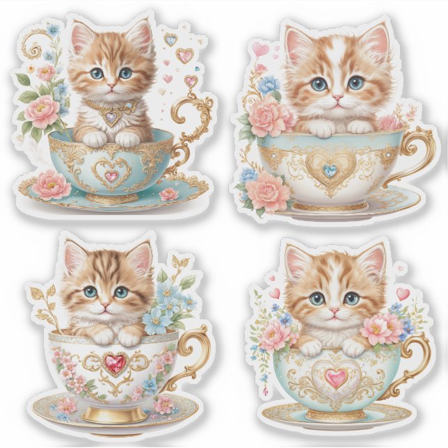 Gatinho Elegante nos adesivos Teacup - Design Flor (Frente)