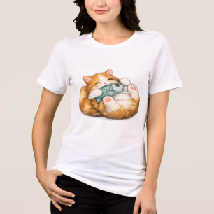 Gatinho Fofo Abraçando Peixe Aquarela