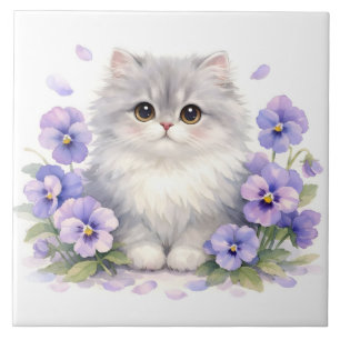 Gatinho Fofo em Aquarela com Flores de Pansy Roxas