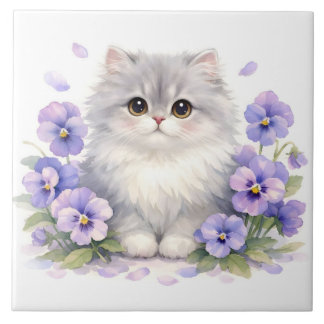 Gatinho Fofo em Aquarela com Flores de Pansy Roxas
